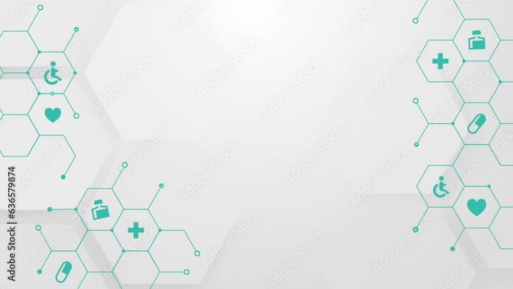 White technological medical background with hexagonal shapes. Animated healthcare icons. Looped abstract motion graphics.