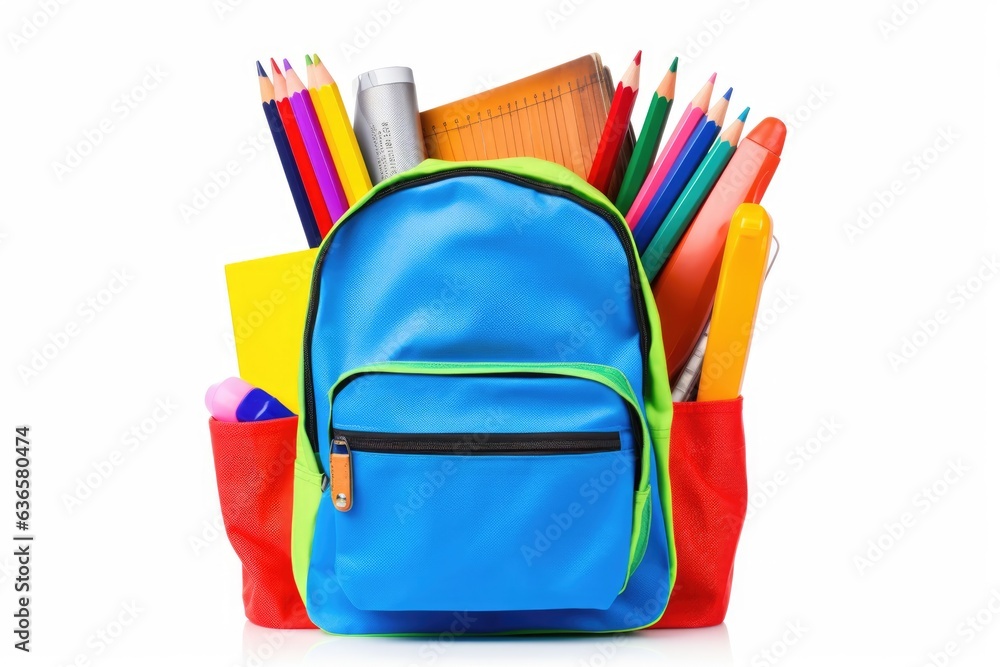 Backpack with school stationery on white background Backpack with school stationery on white background