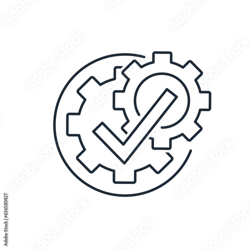 Two working mechanisms with a check mark for approval. Technical interaction. Coordination of actions. Vector linear icon isolated on white background.