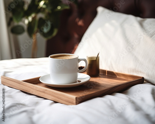 biała filiżanka kawy na drewnianej tacy podana do łóżka.