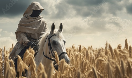 Photo of a man riding a horse through a golden wheat field