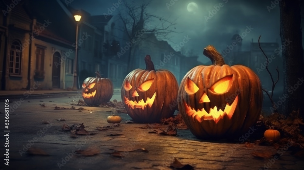 Obraz premium Halloween Festival Concept, pumpkin head jack lantern with burning candles, Forest with Full moon and spooky house with Bats and castle, night light and fog, mockup creative and design,Generative AI