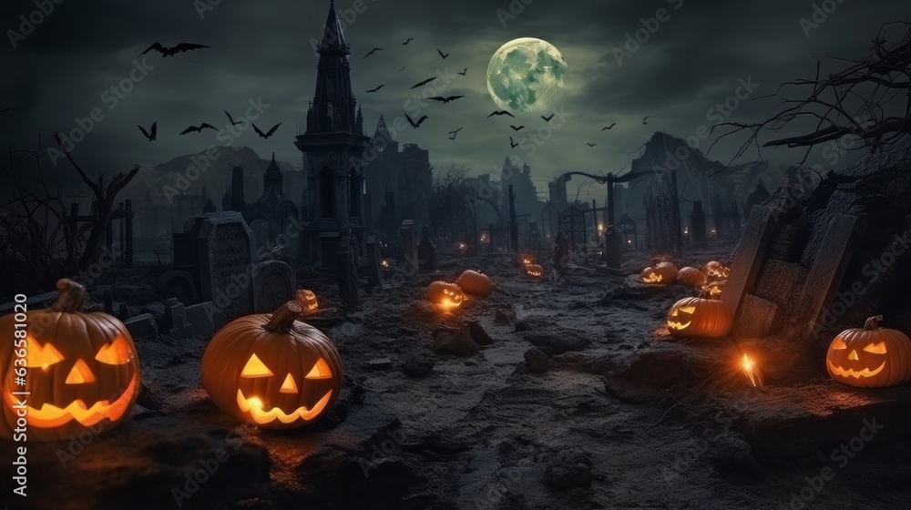 Halloween Festival Concept, pumpkin head jack lantern with burning candles, Forest with Full moon and spooky house with Bats and castle, night light and fog, mockup creative and design,Generative AI