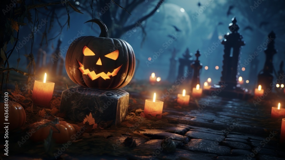 Halloween Festival Concept, pumpkin head jack lantern with burning candles, Forest with Full moon and spooky house with Bats and castle, night light and fog, mockup creative and design,Generative AI Halloween Festival Concept, pumpkin head jack lantern with burning candles, Forest with Full moon and spooky house with Bats and castle, night light and fog, mockup creative and design,Generative AI