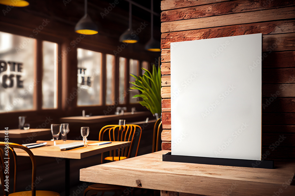 Mockup label, blank menu frame in Bar restaurant. Stand for booklets with white sheets paper on wooden table cafeteria Mockup label, blank menu frame in Bar restaurant. Stand for booklets with white sheets paper on wooden table cafeteria