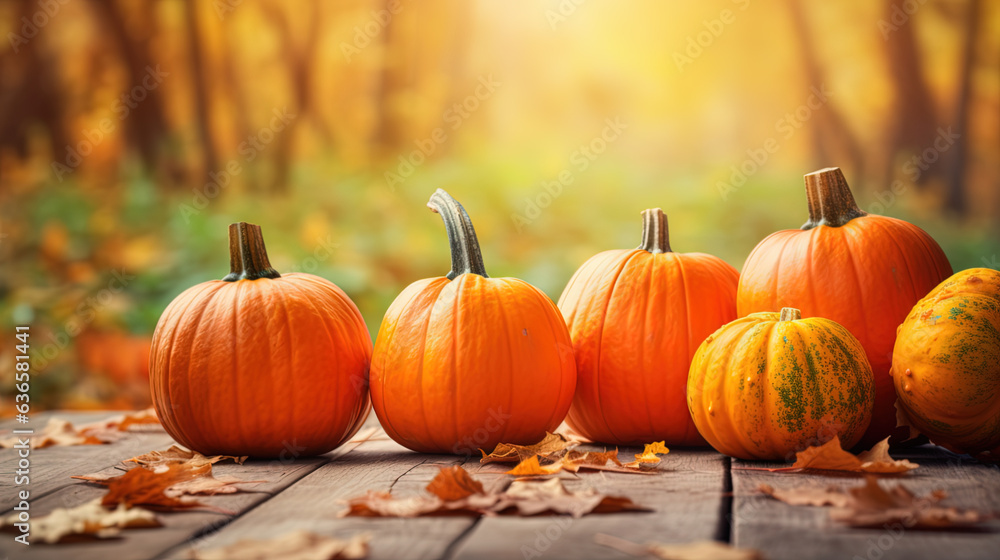 Thanksgiving - Ripe Pumpkins In Field At Sunset. Generative AI. Thanksgiving - Ripe Pumpkins In Field At Sunset. Generative AI.