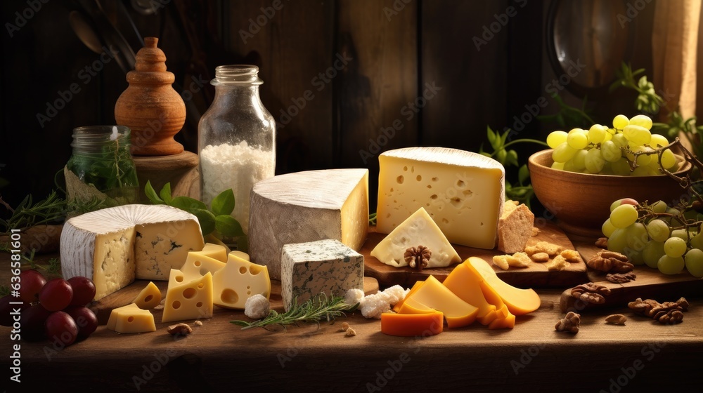 Still life, assorted cheeses on the table.