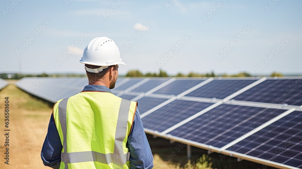 Professional engineer checking solar panels outdoors Professional engineer checking solar panels outdoors