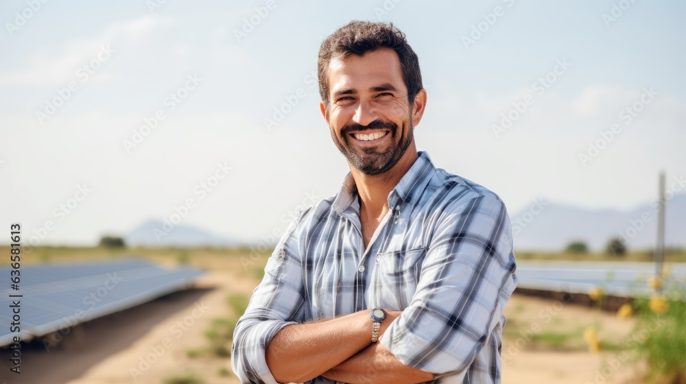 Happy man posing with solar panels on the background. Happy man posing with solar panels on the background.