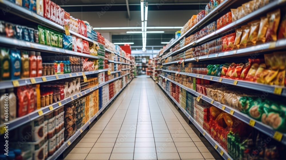 Supermarket aisle with shelves full of food products. - obrazy, fototapety, plakaty 