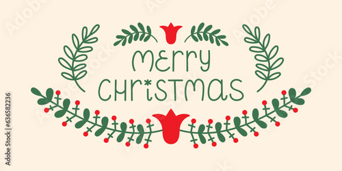 Merry Christmas card, banner template. Holiday greeting poster design with lettering inscription. Modern hand drawn vector illustration for print, social media designs