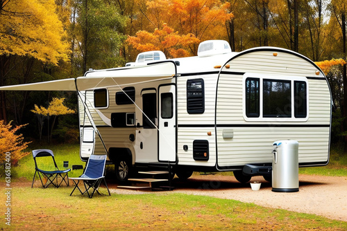 The trailer of the mobile home is camping in the fall, the concept of a family trip around the native country in a camper van or camper van and camping life.