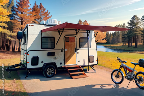 The trailer of the mobile home is camping in the fall, the concept of a family trip around the native country in a camper van or camper van and camping life.