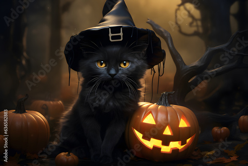 A cute cat wearing witch hat holding halloween pumpkin © AGSTRONAUT