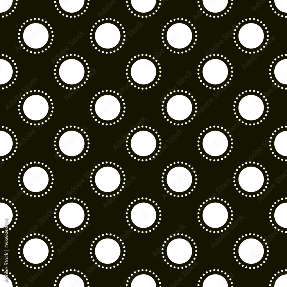 Black and white seamless polka dot pattern with thin dotted line. Big white circles on black background. Fashionable vector background for fabric, texitle. Black and white seamless polka dot pattern with thin dotted line. Big white circles on black background. Fashionable vector background for fabric, texitle.