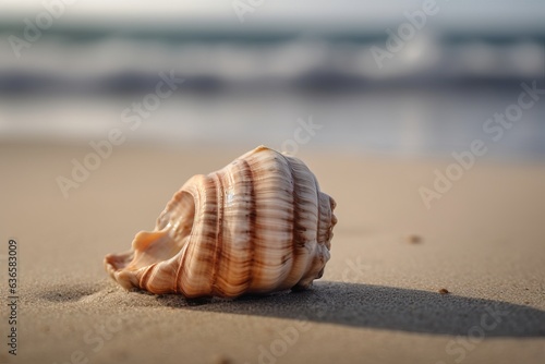 Illustration of a seashell resting on a sandy beach with the ocean in the background, created using generative AI