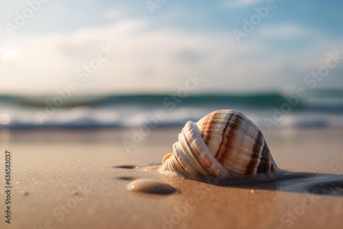 Illustration of a sea shell on a sandy beach near the ocean, created using generative AI