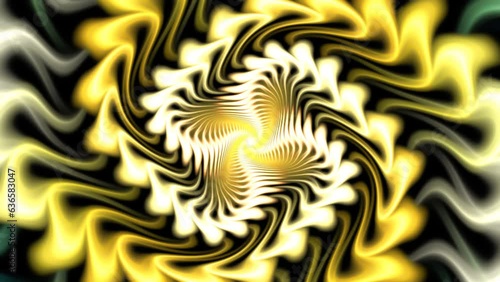 Yellow, gold, white cruciate waves revolving, distorting, forming fylfot, gammadion, sauwastika symbol, sign on dark backdrop. Fluctuant shiny shape vortex metamorphoses. 4K UHD 4096x2304 photo