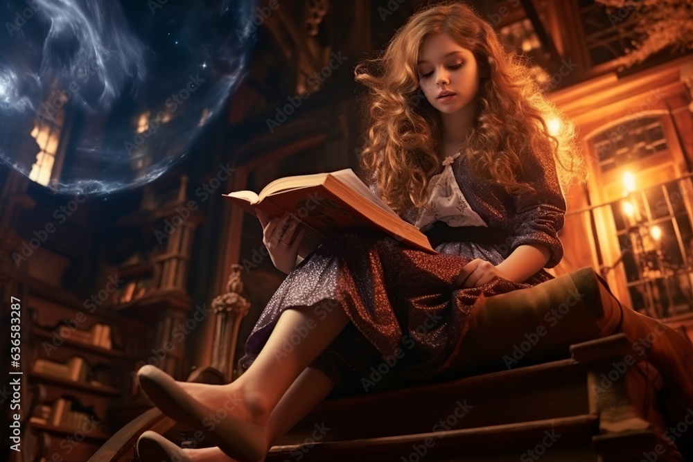 girl with a witchcraft book in the attic