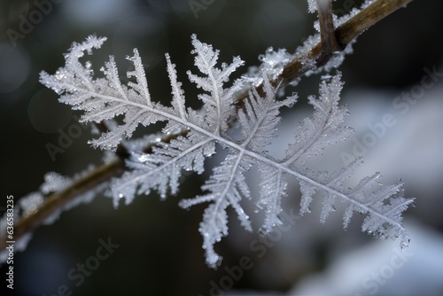Illustration of a close up of a snow-covered leaf created using generative AI © Marius