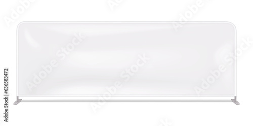 Tension fabric display stand on metal frame realistic vector mockup. White blank barricade advertising graphic cover, event crowd control barrier banner mock-up