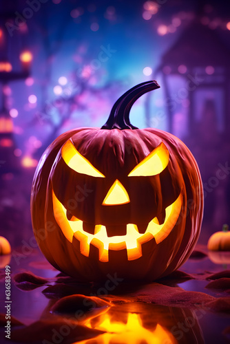 A grinning neon Jack-o-lantern with glowing eyes