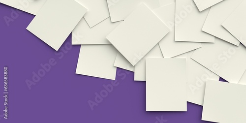 Scattered sheets of paper on a lilac background