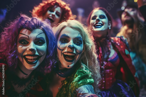 A group of friends in creative and spooky costumes laughing
