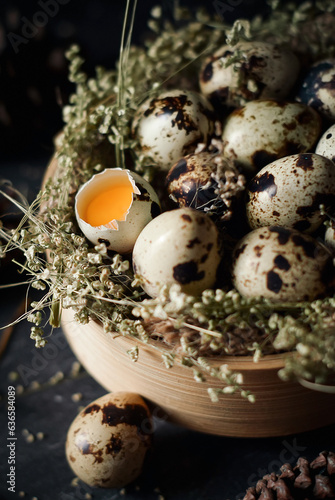 quail eggs in wooden bowl. on dark and texture background. one egg are broken