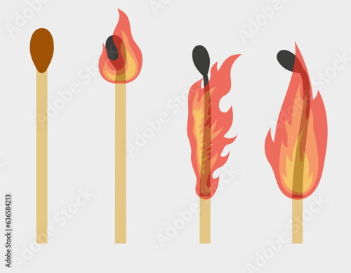 Animation of a burning match. Stages of burning matches. Burnt match flames. Vector illustration of a burning match.