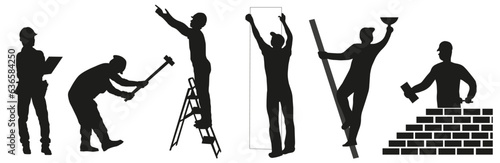 Builders. Silhouettes of workers and builders with tools in the workplace.