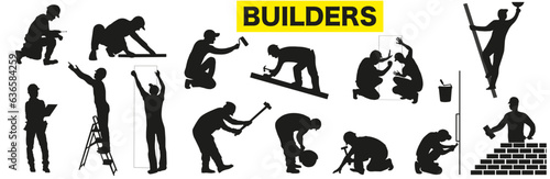 Collection of builders silhouettes. Isolated silhouettes of builders with different tools. Builders.