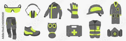 Work uniform. Professional protective clothing, boots and safety helmet. Various items of special protective clothing.