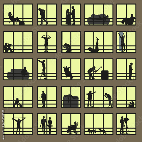 City window at night. Vector illustration of apartment buildings with windows. Different life situations, view from the window.