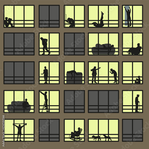 City window at night. Vector illustration of apartment buildings with windows. Different life situations, view from the window.