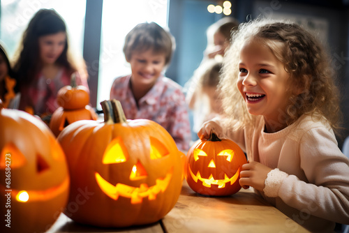 kids carving pumpkins and creating spooky pumpkins photo