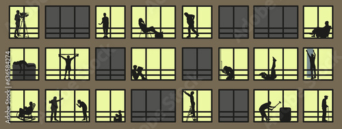 Silhouette or shadow of people in the window. People in windows. Occupations of people if you look out the windows. Vector illustration.