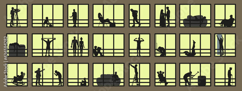 Silhouette or shadow of people in the window. People in windows. Occupations of people if you look out the windows. Vector illustration.