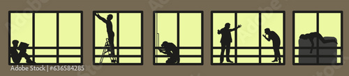 Silhouette or shadow of people in the window. People in windows. Occupations of people if you look out the windows. Vector illustration.