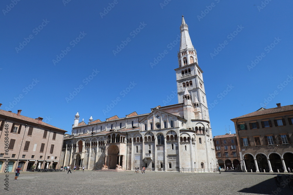 Modena, Emilia Romagna, Italy, Ghirlandina tower and Unesco cathedral on the Piazza Grande (Big Square), historical city center, touristic place