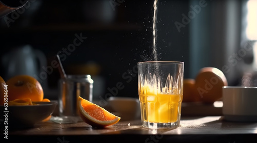 Generative AI, glass of fresh orange juice with splashes, drops, orange slices, citrus, water, explosions, refreshing, transparent