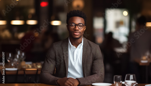 portrait of young black man with glasses in a restaurant