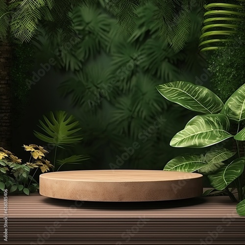 round shape stage stand product display with nature forest garden greenery blur bckdround product stand exhibition showcase mockup concept,ai generate