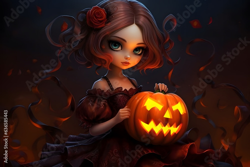 A little Victorian girl holding halloween pumpkin