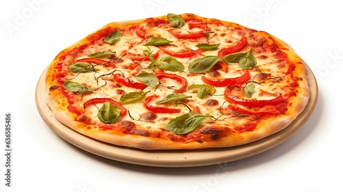Pizza sur fond blanc, sauce tomate, basilic, jambon fromage, champignon, illustration produit culinaire, ia générative