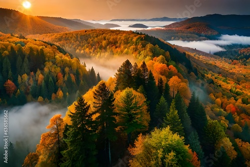 Aerial view of beautiful colorful autumn forest in low clouds at sunrise. Top view of orange and green trees in fog at dawn in fall.