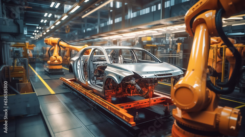 Automotive production technology concept, robotic automation automotive vehicle production factory without human working in production line manufacturing car body frame welding process. Generative AI