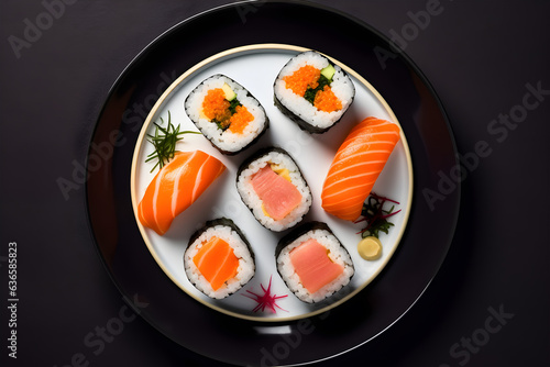 Fresh seafood collection sushi plate with variety, sushi rolls with eel, salmon, avocado, flying fish caviar and cream cheese.