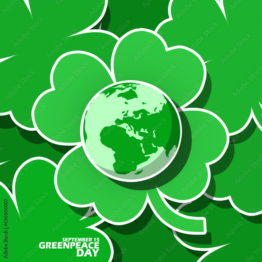Four-leaves clover and earth icon, with bold text to commemorate Greenpeace Day on September 15