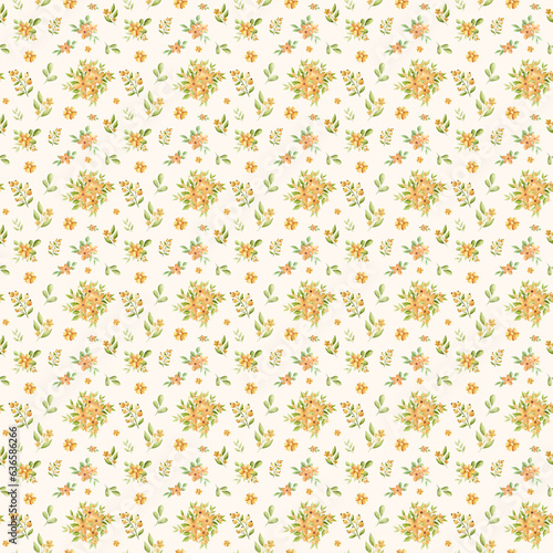 Trendy watercolor seamless floral pattern. Endless print made of small yellow flowers. Summer and spring motifs. Beige background